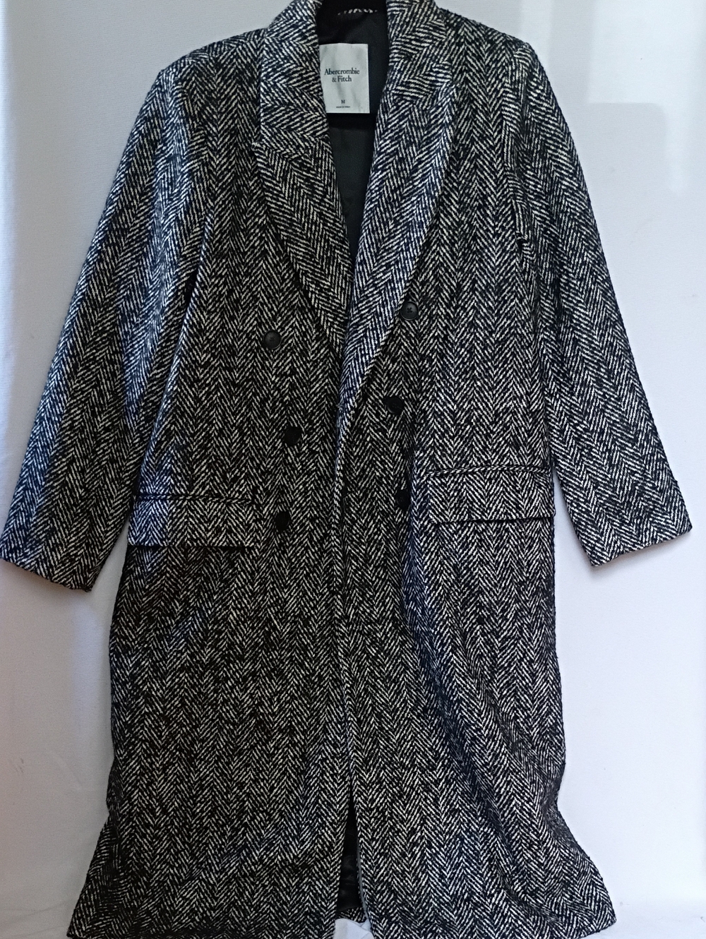 Abercrombie & Fitch Black and White Herringbone Double-Breasted Trench Coat